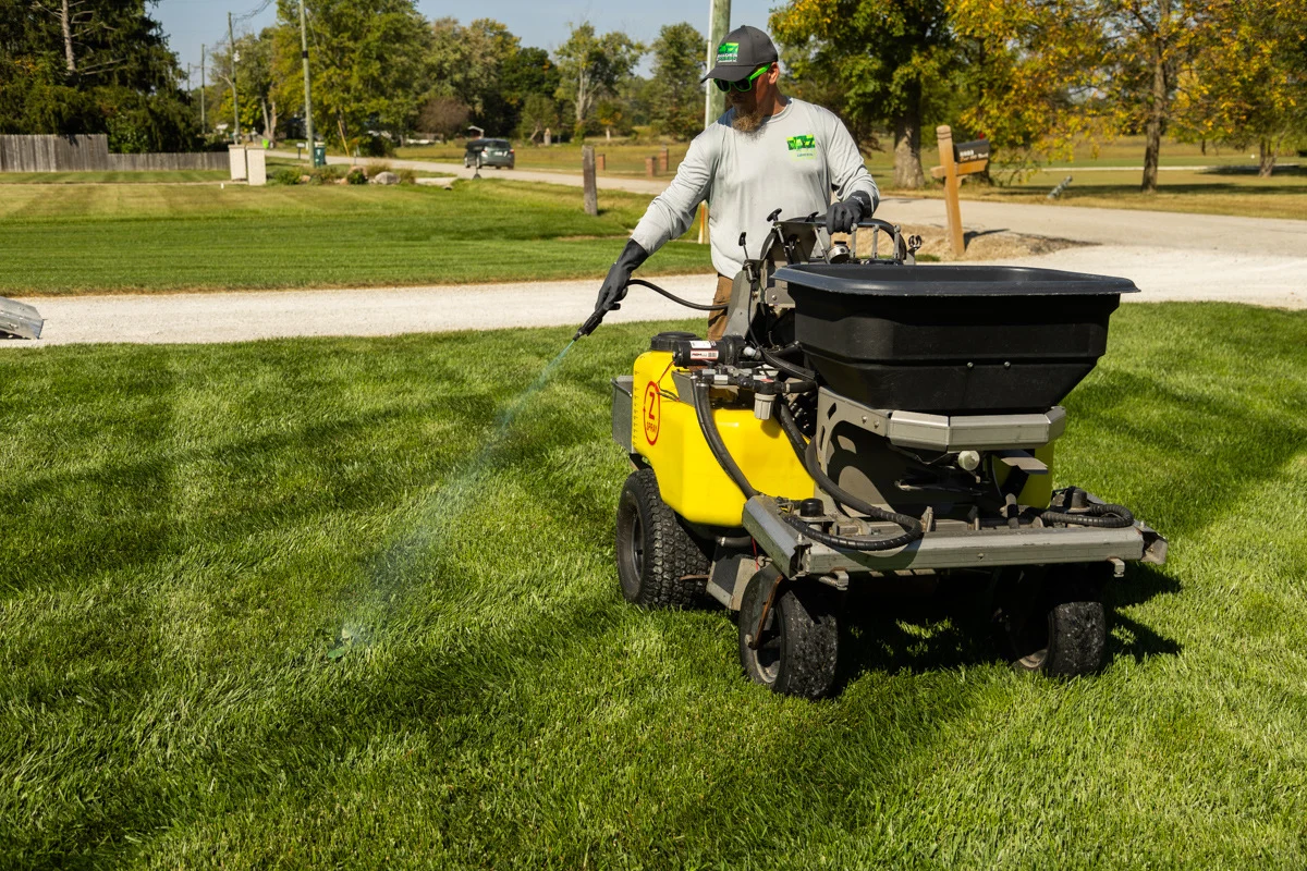 A close photo of a person carefully spot spraying a crabgrass clump in a lawn using a handheld spray bottle on a sunny day
