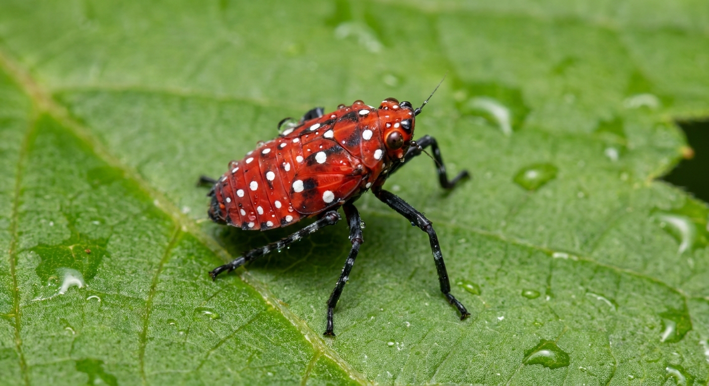 A close photo of a red spotted lanternfly nymph with white spots sitting on a green leaf in early summer