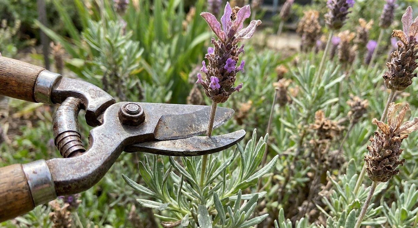 A close photo of garden shears snipping a spent Spanish lavender flower stalk just above leafy growth, with purple bracts visible nearby