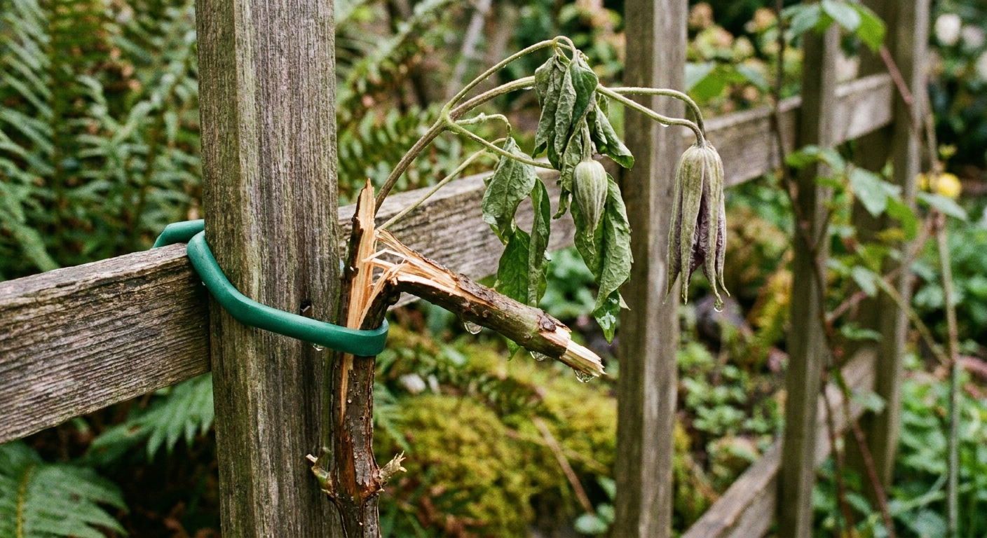 A close-up garden photograph of a clematis stem snapped near a soft plant tie on a support, with wilted leaves above the break