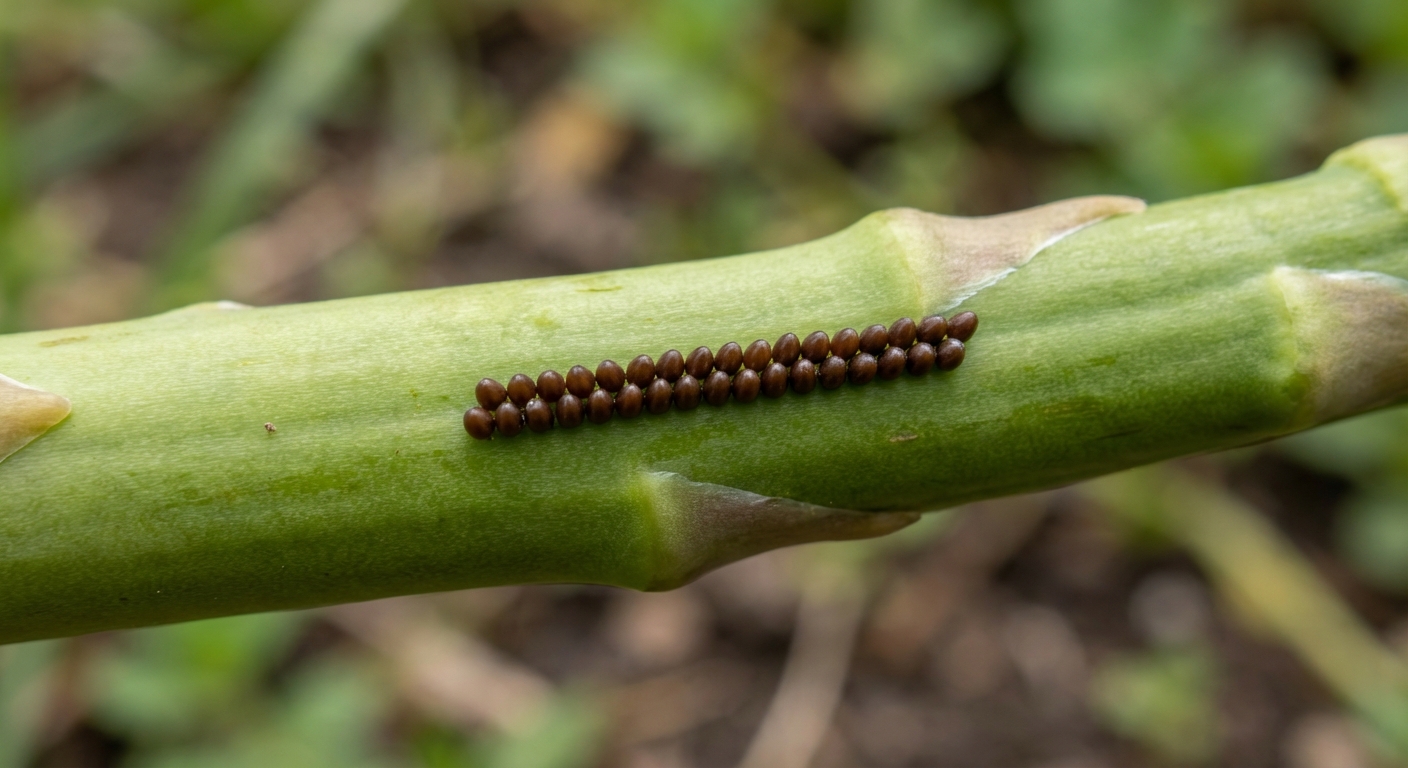 A close-up garden photograph of dark asparagus beetle eggs arranged in a neat line on the side of a green asparagus spear