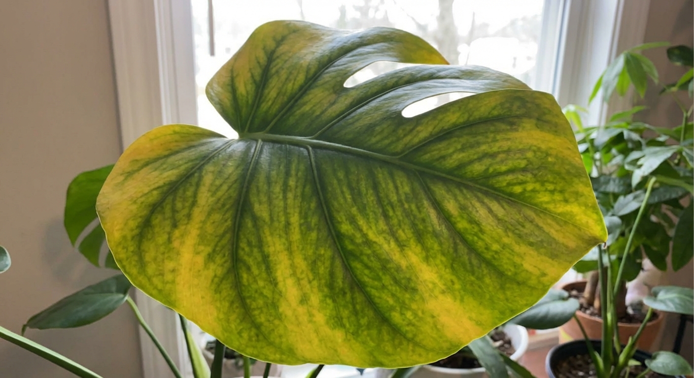A close-up of a Monstera leaf showing interveinal chlorosis with yellow tissue between darker green veins, indoor plant photography