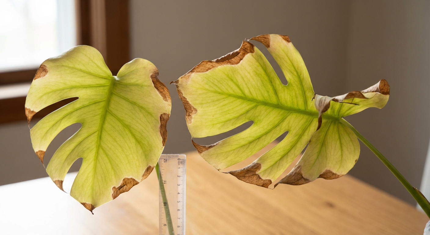 A close-up of a Monstera leaf that is yellow with crisp brown edges and slight curling, photographed indoors with soft window light