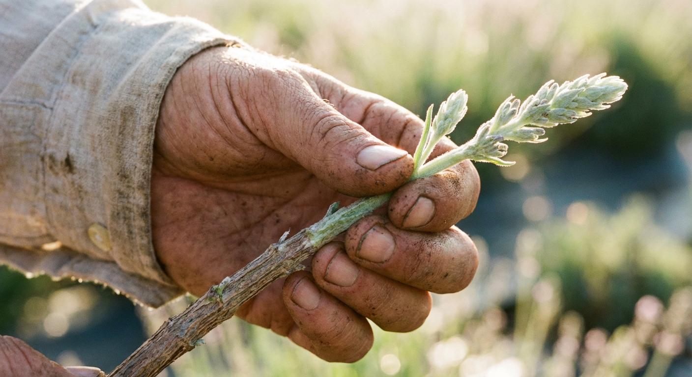 A close-up of a gardener’s hand holding a lavender stem showing the soft green tip and slightly firmer base, outdoors in bright morning light, photorealistic