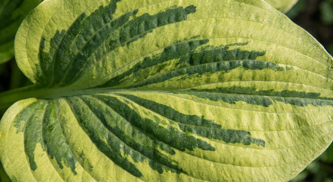A close-up of a hosta leaf showing dark green ink-bleed mottling and streaking within lighter leaf tissue, a classic symptom pattern associated with Hosta Virus X