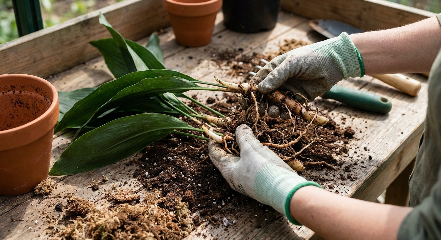 A close-up of cast iron plant rhizomes being gently separated by hand on a potting bench, with a few leaves attached and loose soil around, photorealistic gardening photography