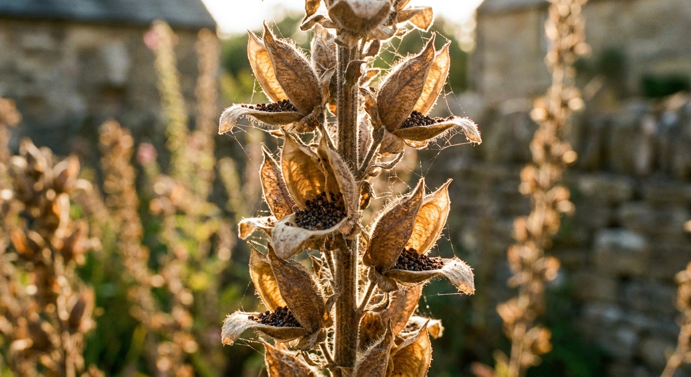 A close-up of dried foxglove seed pods on a tall stem in late summer light, garden photograph