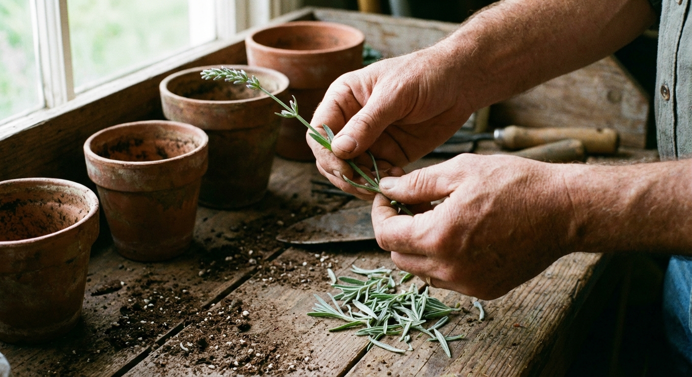 A close-up of hands stripping the lower leaves from a lavender cutting over a potting bench, with the stem held gently and leaves falling onto the surface, photorealistic