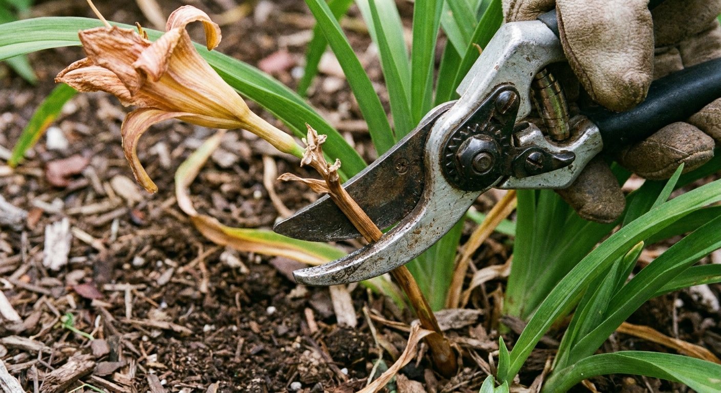 A close-up of pruning shears cutting a spent daylily flower stalk near the base of the plant