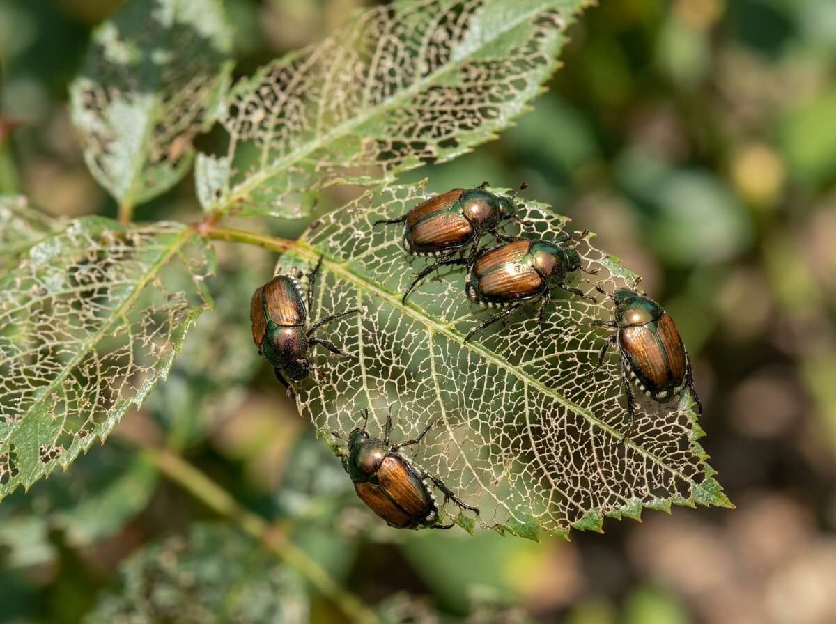A close-up photo of a Japanese beetle with metallic green body and copper wing covers sitting on a rose leaf with chewed holes