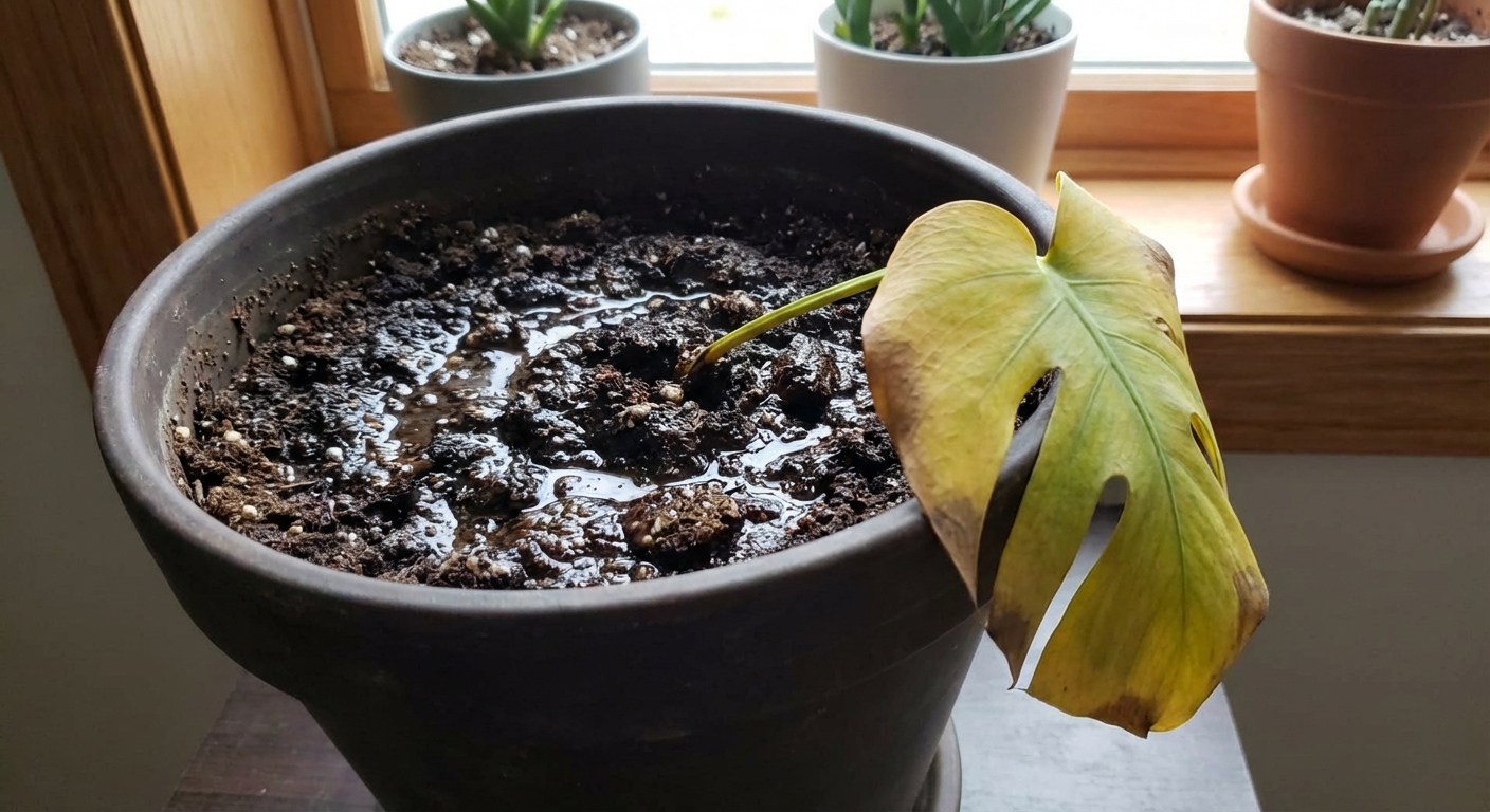 A close-up photo of a Monstera pot with very dark, soggy potting mix and a yellowing leaf drooping over the rim, indoor natural light photography
