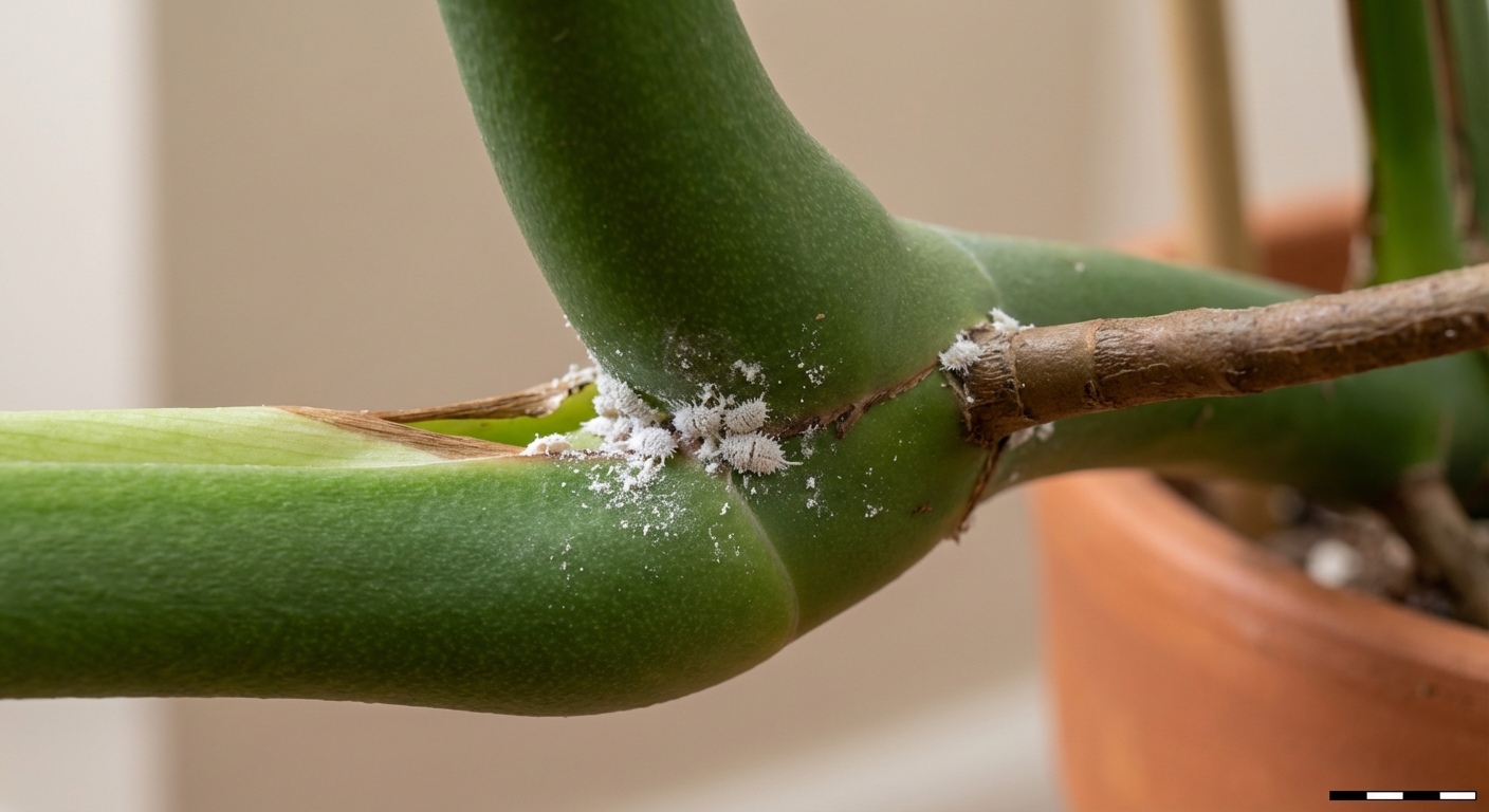 A close-up photo of a Monstera stem junction with small white cottony mealybugs clustered near the petiole, indoor macro photography