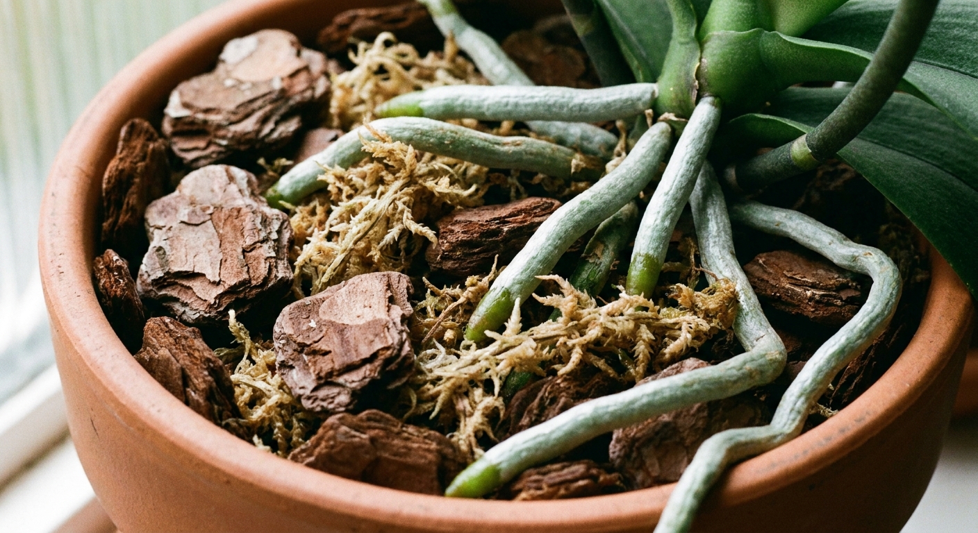 A close-up photo of a Phalaenopsis orchid pot showing chunky bark pieces and strands of sphagnum moss around visible roots