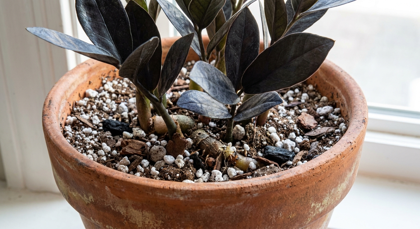 A close-up photo of a Raven ZZ plant growing in a terracotta pot with airy, well-draining soil visible at the surface