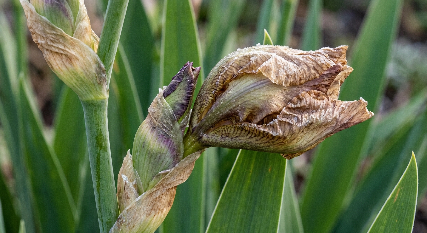 A close-up photo of a bearded iris flower bud with browned, wilted outer tissue from frost damage, still attached to a green stalk