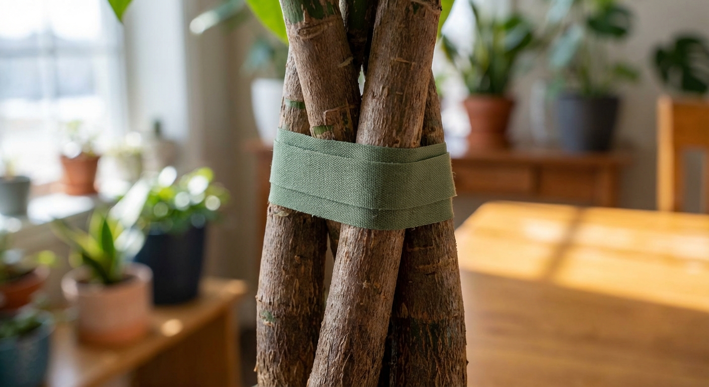 A close-up photo of a braided money tree trunk with soft green plant tape loosely securing the stems, indoor natural light, shallow depth of field, photorealistic