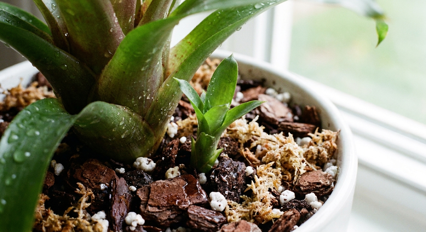 A close-up photo of a bromeliad base showing a small pup emerging beside the mother plant in a potting mix