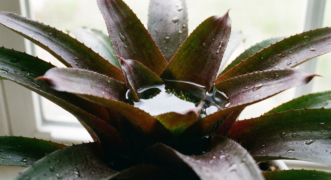 A close-up photo of a bromeliad rosette showing the central cup holding a small amount of clear water, indoor natural light, sharp focus