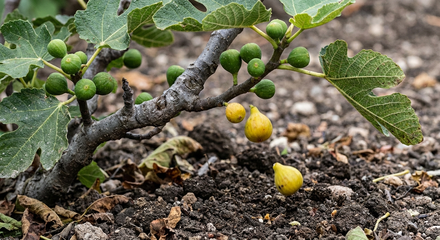 A close-up photo of a fig branch with several pea-sized unripe figlets, a few yellowing and dropping onto the soil