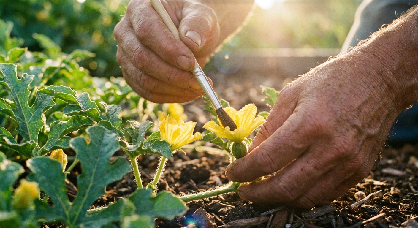 A close-up photo of a gardener hand-pollinating a watermelon flower in the morning sunlight, with yellow blooms and green leaves, real photograph