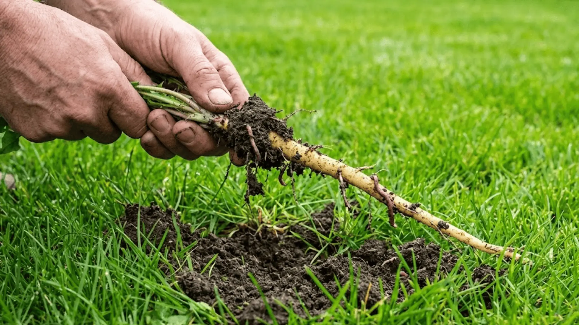 A close-up photo of a gardener using a long-handled dandelion weeder to pry a dandelion from a lawn, showing the plant and soil at ground level in natural daylight