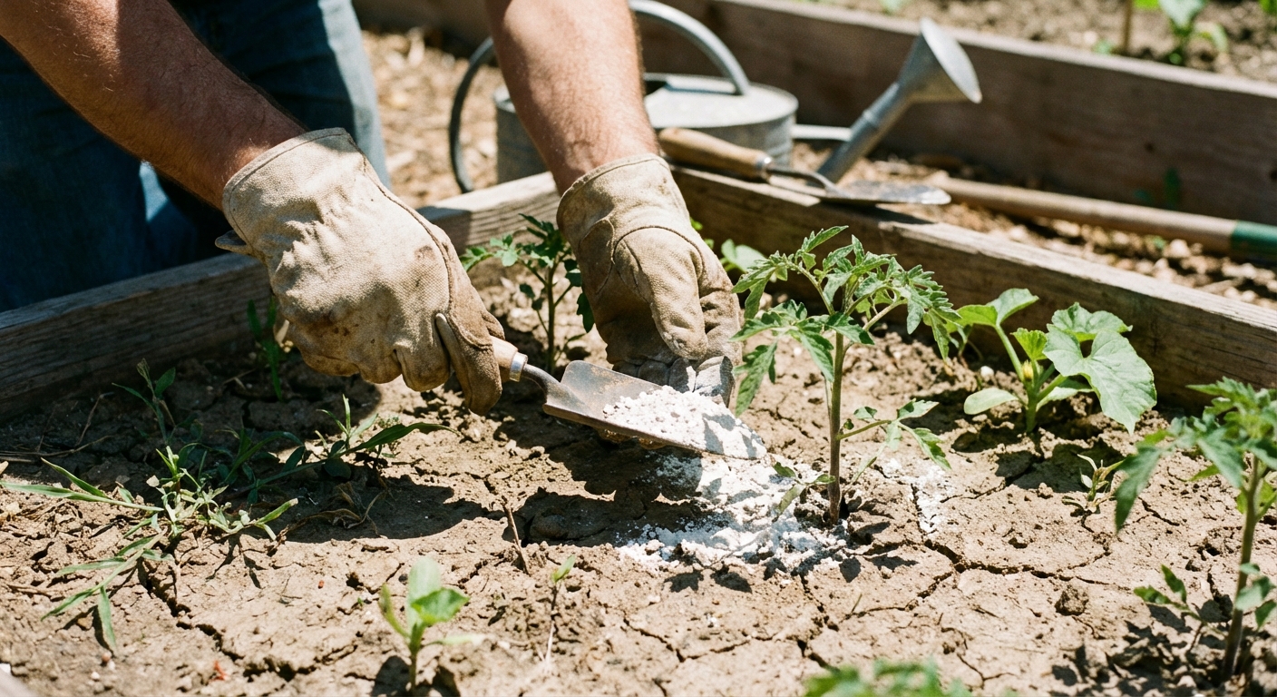 A close-up photo of a gardener wearing gloves and gently dusting food-grade diatomaceous earth around the base of vegetable seedlings in a raised bed on a dry sunny day