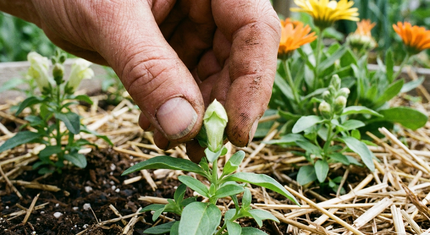 A close-up photo of a gardener's fingers gently pinching the soft growing tip of a young snapdragon plant in an outdoor garden bed