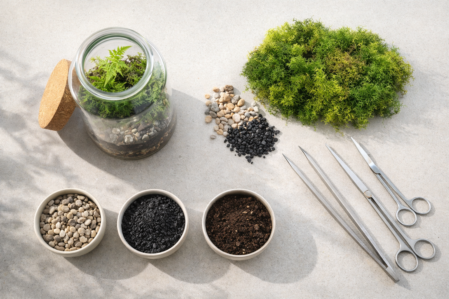 A close-up photo of a glass terrarium showing layered gravel drainage, a thin charcoal layer, and dark airy soil ready for planting
