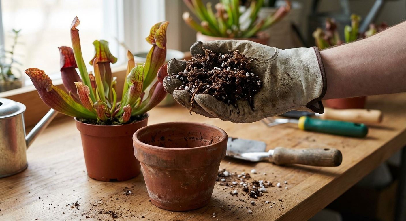 A close-up photo of a hand holding a damp mix of sphagnum peat moss and perlite beside a small pot and a Sarracenia plant, natural indoor gardening photography style