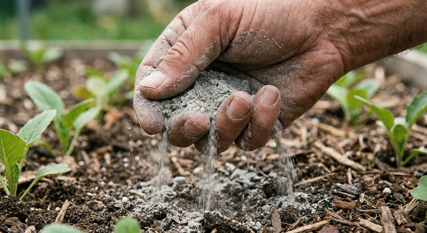 A close-up photo of a hand holding fine gray rock dust above a garden bed