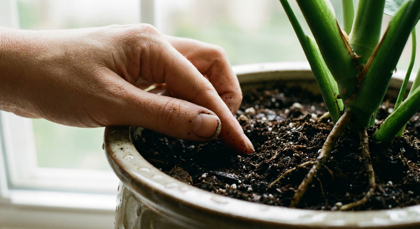 A close-up photo of a hand pressing a fingertip into potting soil to check moisture in a medium-sized indoor plant pot, soft window light, photorealistic