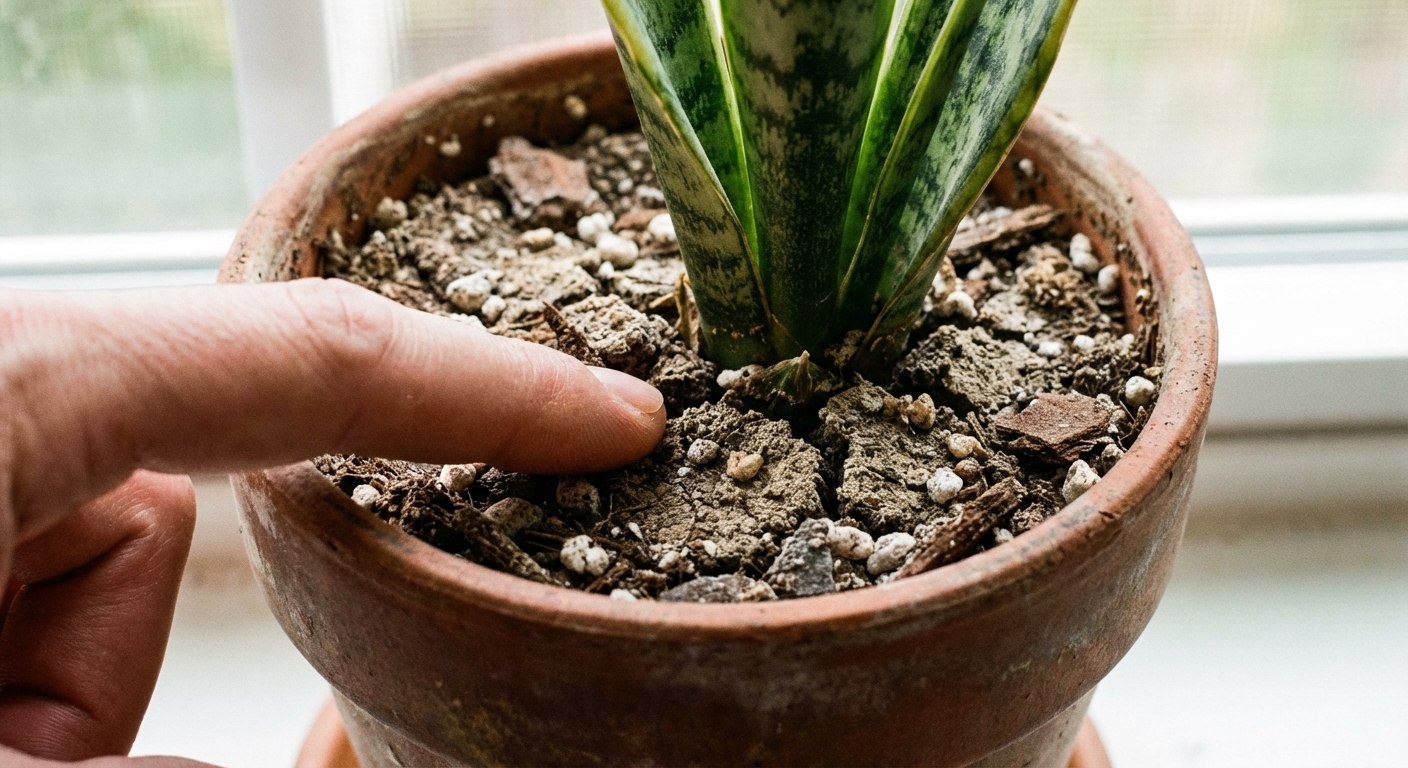 A close-up photo of a hand pressing a fingertip into the top inch of potting mix in a snake plant pot, showing crumbly dry soil texture, indoor natural light, photorealistic