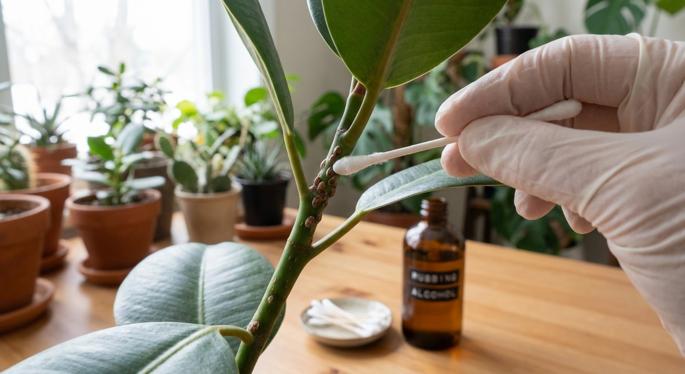 A close-up photo of a hand using a cotton swab dipped in rubbing alcohol to remove scale insects from a houseplant stem near a leaf node, indoor plant care setting with soft natural light