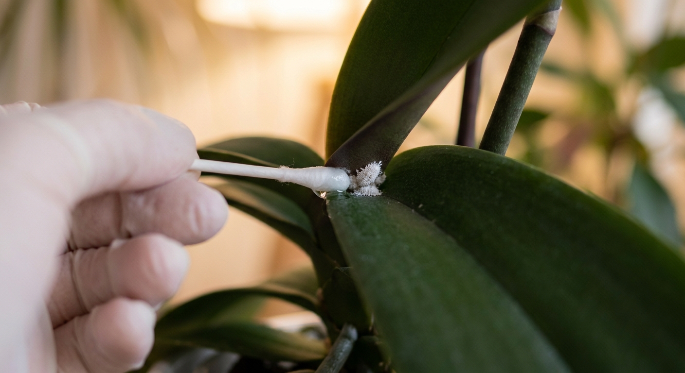 A close-up photo of a hand using a cotton swab dipped in isopropyl alcohol to remove a mealybug from the base of an orchid leaf, shallow depth of field