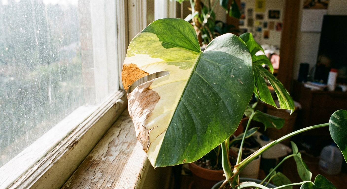 A close-up photo of a houseplant leaf with a large pale patch and brown sun-scorched area near a bright window, natural light, realistic indoor scene