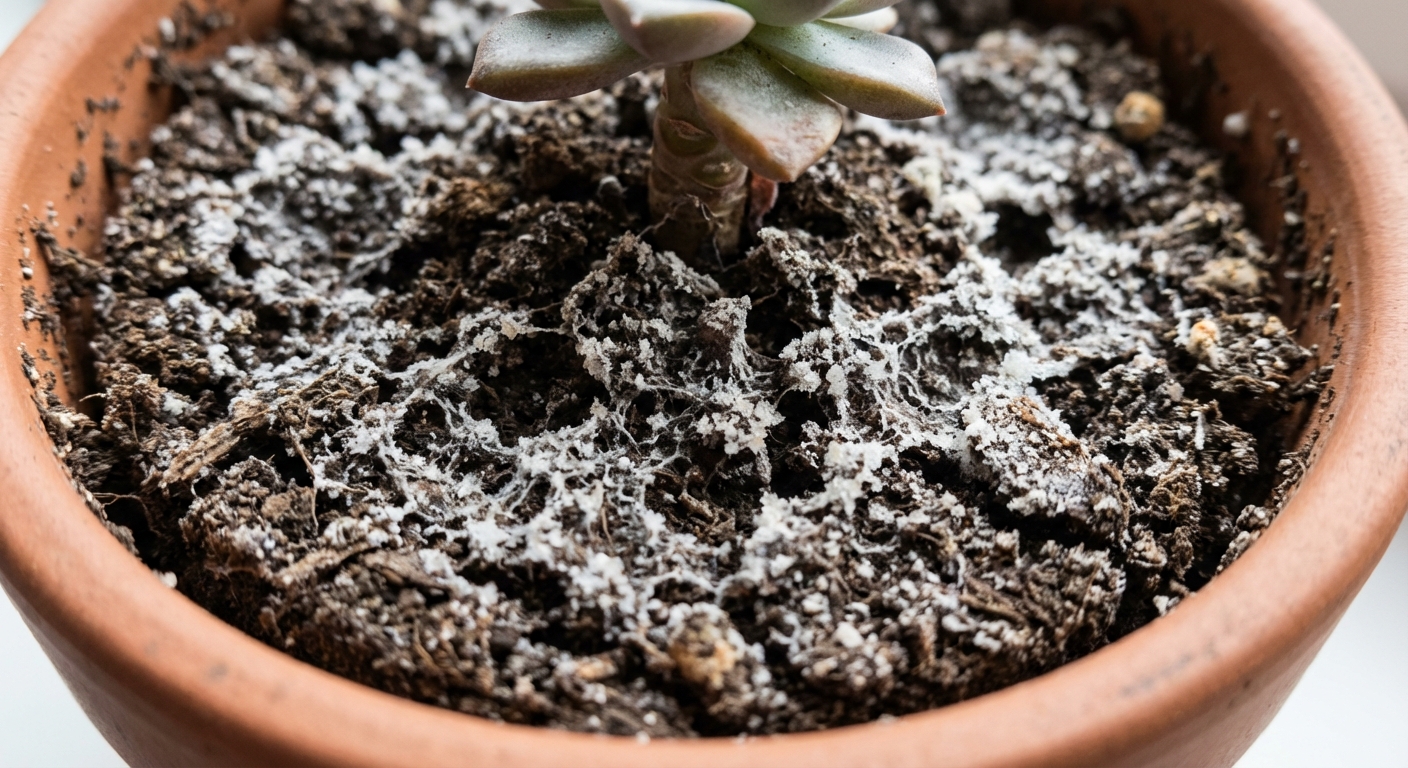 A close-up photo of a houseplant pot showing a thin white mineral crust on the surface of the potting soil, indoor natural light