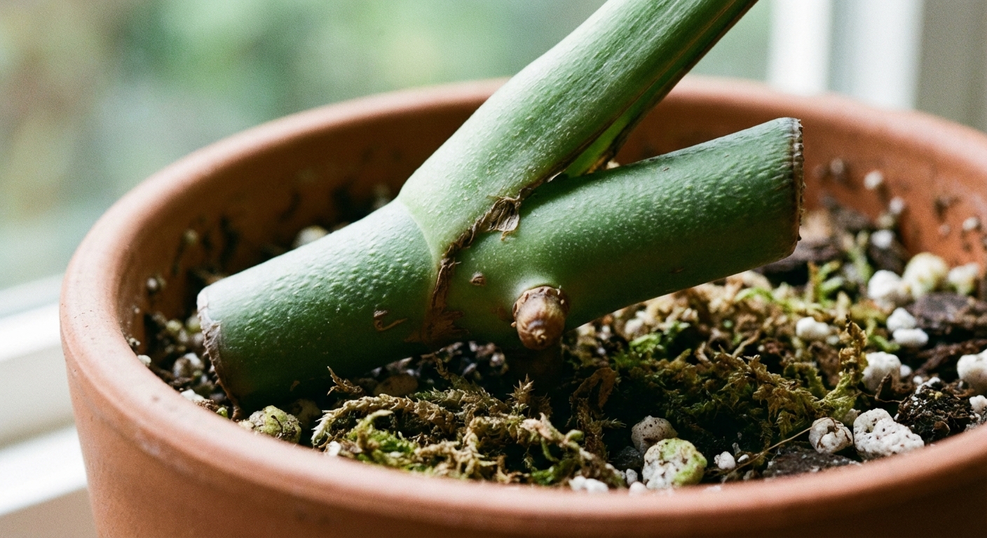 A close-up photo of a monstera stem cutting showing a node and a small aerial root nub
