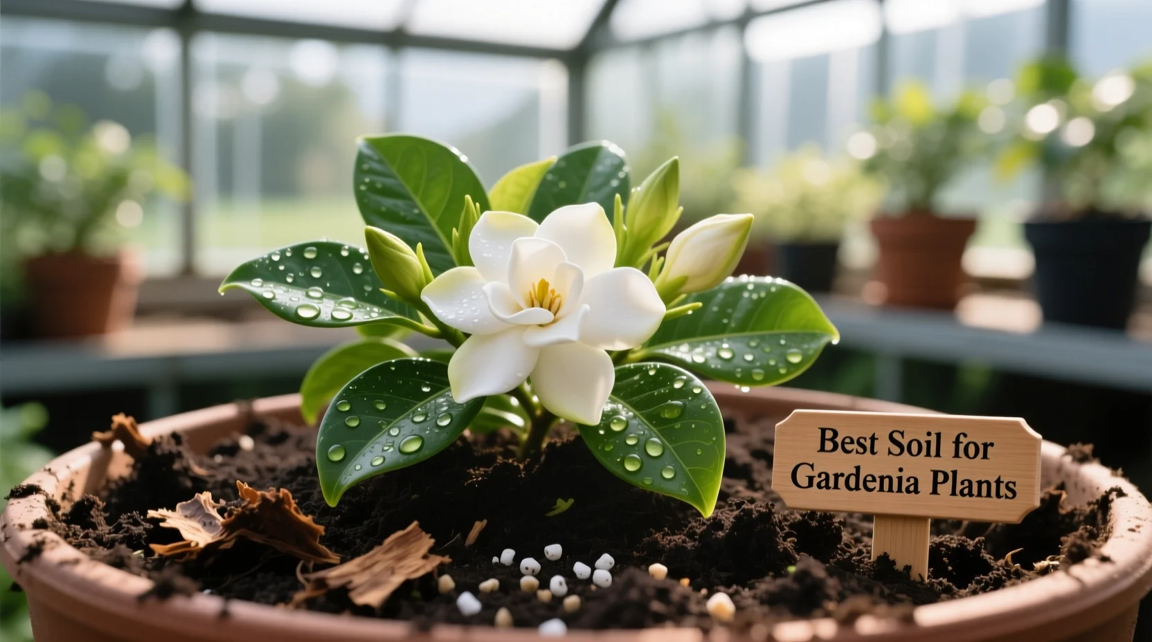 A close up photo of a potting mix with pine bark pieces, perlite, and dark peat based soil being scooped into a planter