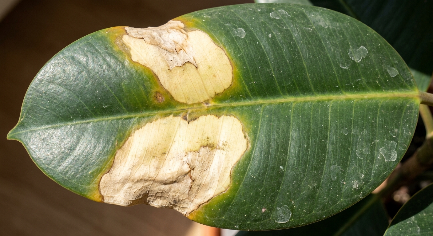 A close-up photo of a rubber plant leaf showing a pale yellow scorched patch from strong direct sun