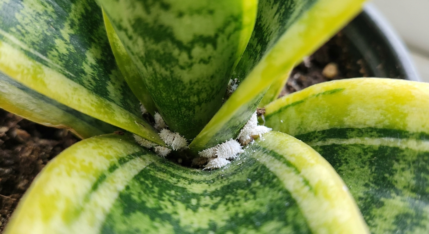 A close-up photo of a snake plant leaf base showing small white cottony mealybugs clustered in the crevice