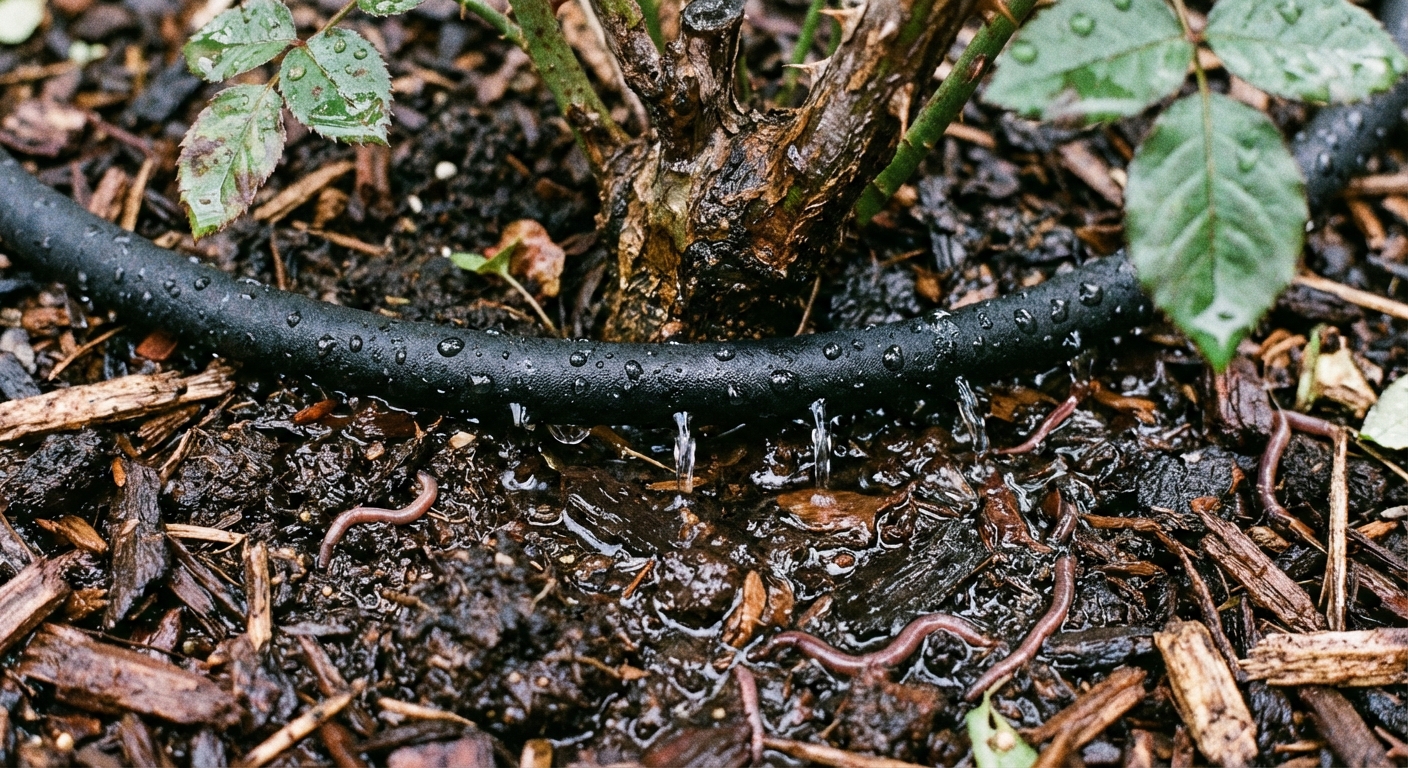 A close-up photo of a soaker hose watering the base of a rose bush in a garden bed, dark moist soil and mulch visible around the plant
