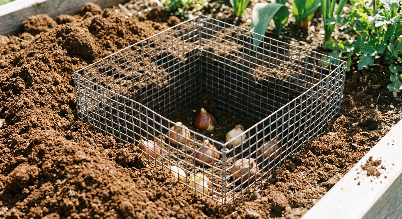 A close-up photo of a square hardware cloth cage placed in a planting hole in a garden bed, with loose soil around the edges, ready for bulbs, natural light