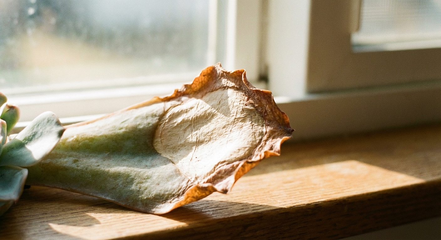 A close-up photo of a succulent leaf with a pale tan sunburn patch and crisp edges, the plant sitting near a sunny window, shallow depth of field