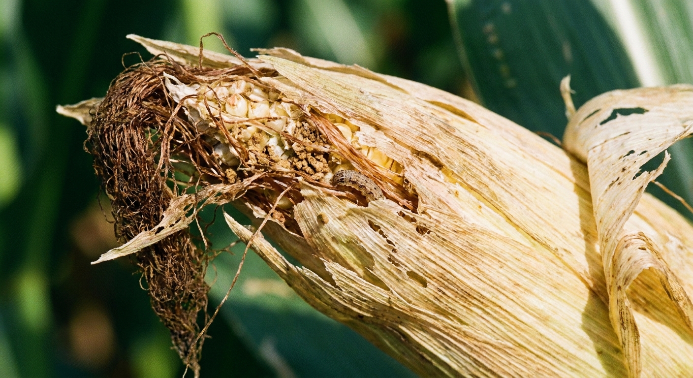 A close-up photo of a sweet corn ear on the stalk with ragged, chewed silks at the tip, showing pest damage clues