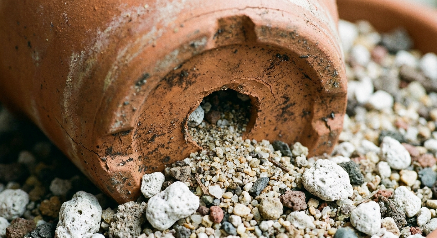 A close-up photo of a terracotta pot with a visible drainage hole and gritty succulent soil mix with pumice and coarse sand