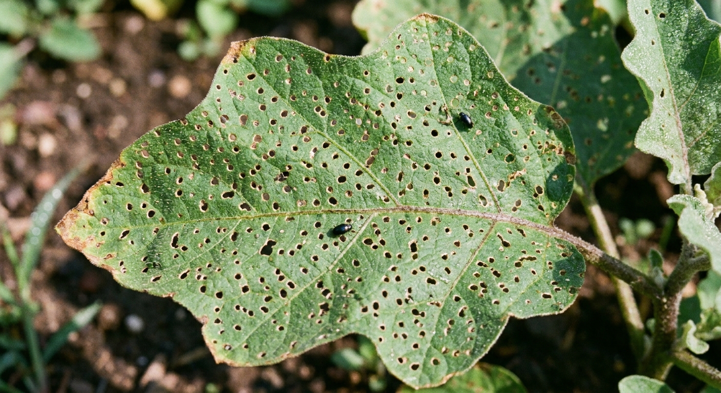 A close-up photo of an eggplant leaf with many tiny round holes from flea beetle feeding, outdoors in natural light