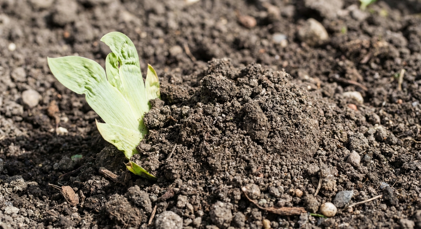 A close-up photo of an iris fan emerging from soil with the rhizome fully buried, showing loose soil mounded over where the rhizome should be exposed