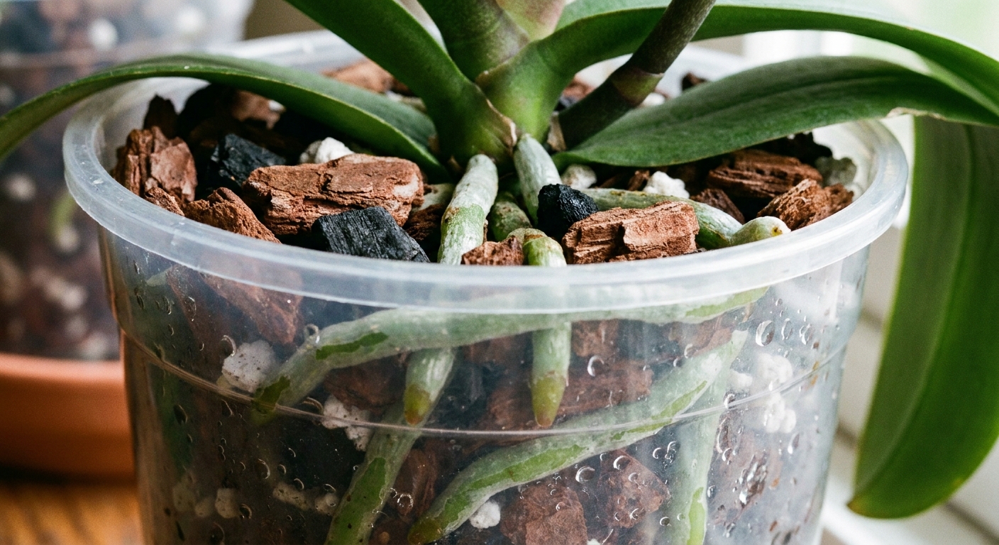 A close-up photo of an orchid growing in chunky bark mix inside a clear plastic nursery pot, with green and silver roots visible along the pot wall