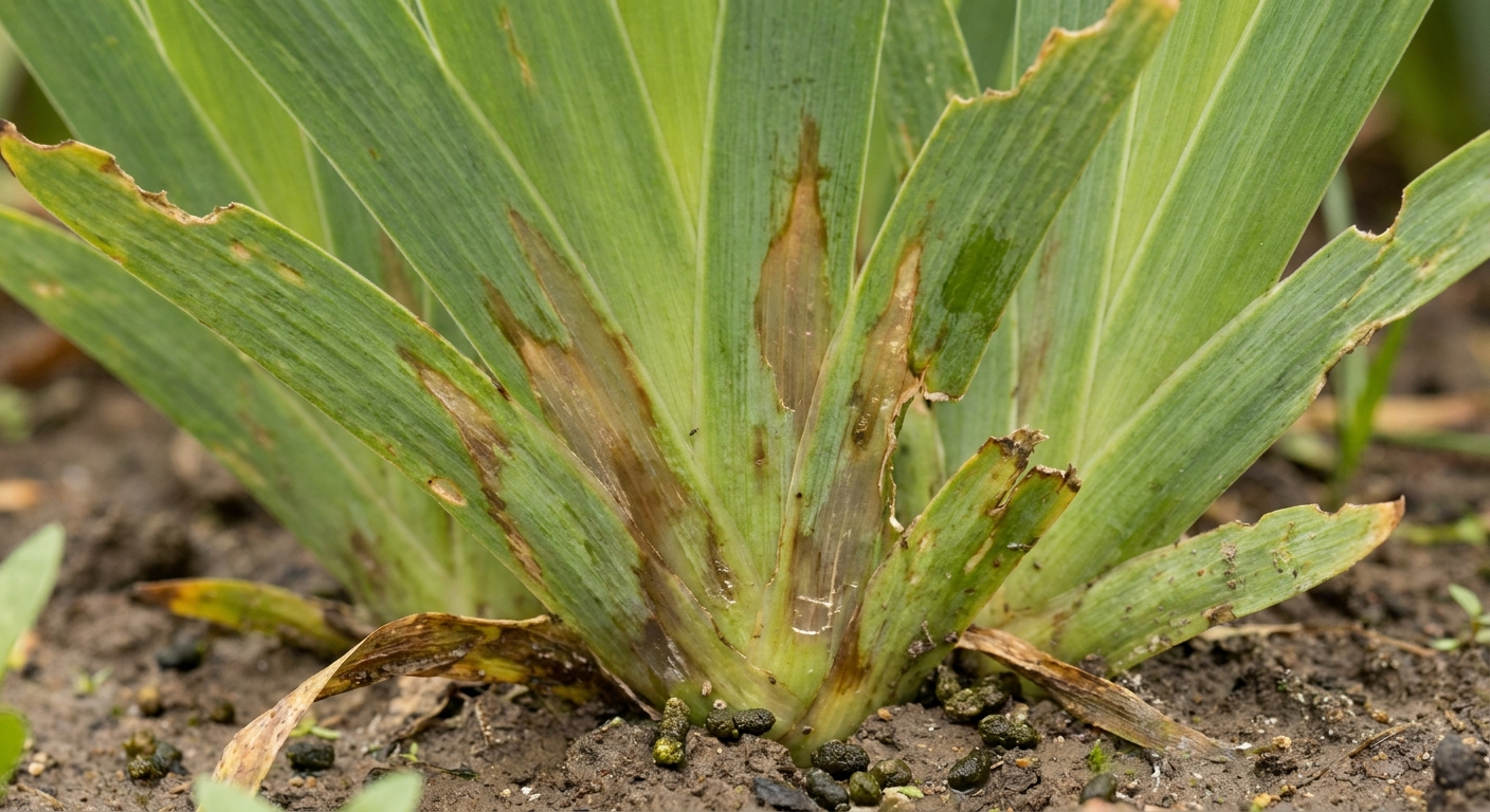 A close-up photo of bearded iris leaves showing watery brown streaks and chewed tissue near the base, typical of iris borer damage