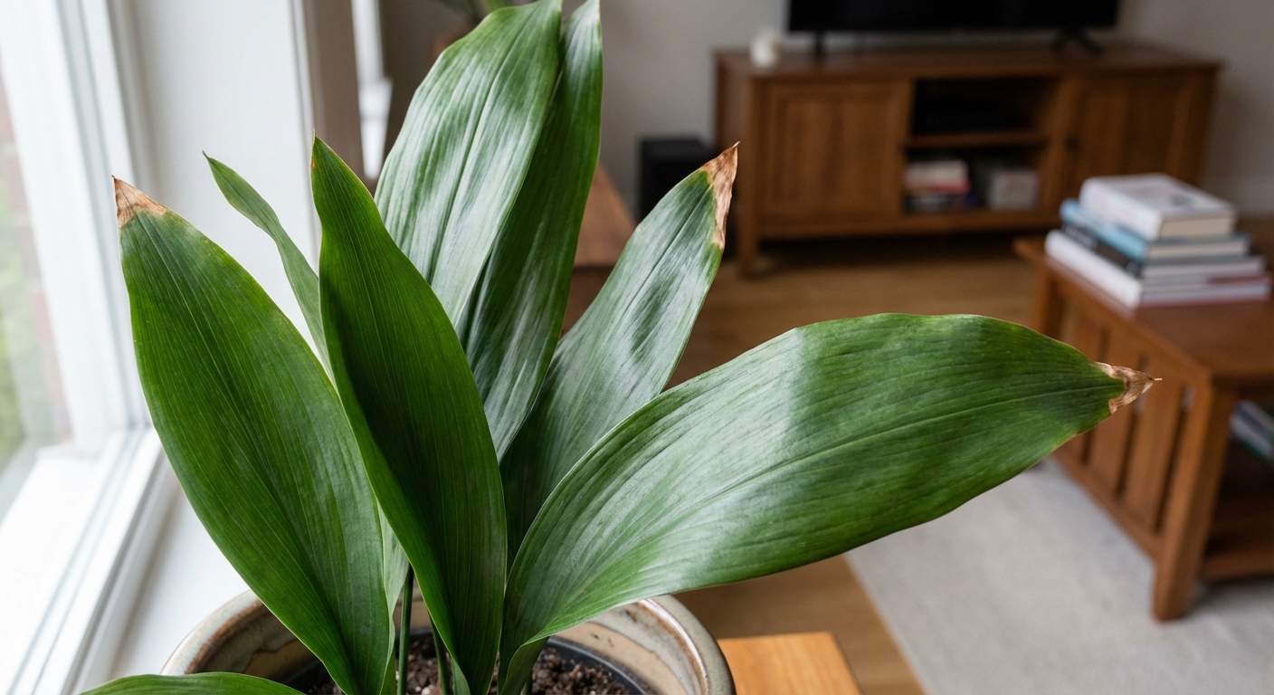 A close-up photo of cast iron plant leaves showing slightly browned tips and otherwise healthy dark green foliage, shot in soft indoor light, photorealistic houseplant photography